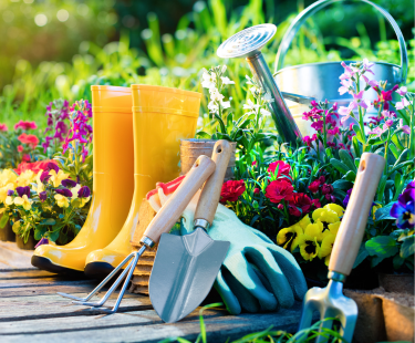 colorful garden, rain boots, gardening tools