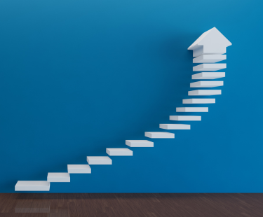 deep blue background, white steps forming an arrow -- clarity brings progress