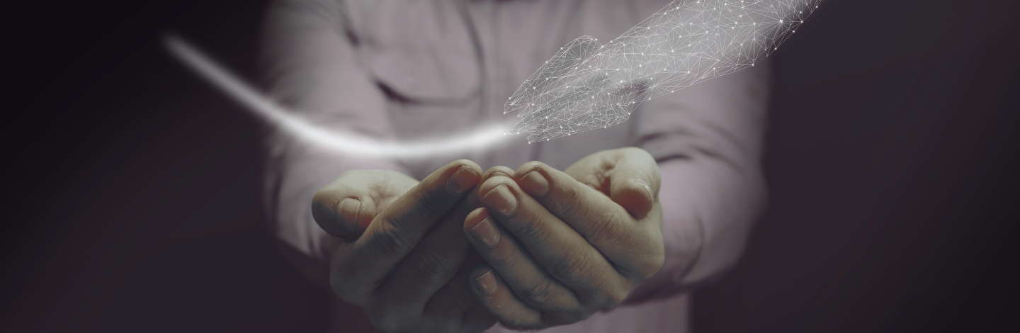 A person holds out cupped hands beneath a digital wireframe rocket, symbolizing launching a new idea or innovation.