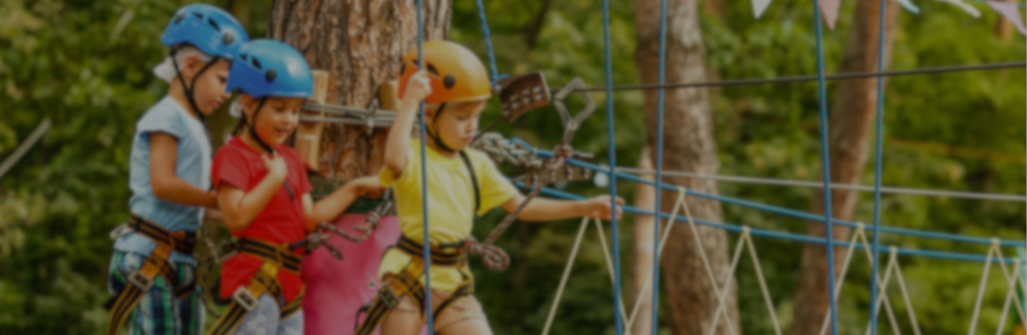 children safely navigating a ropes course in a forest.