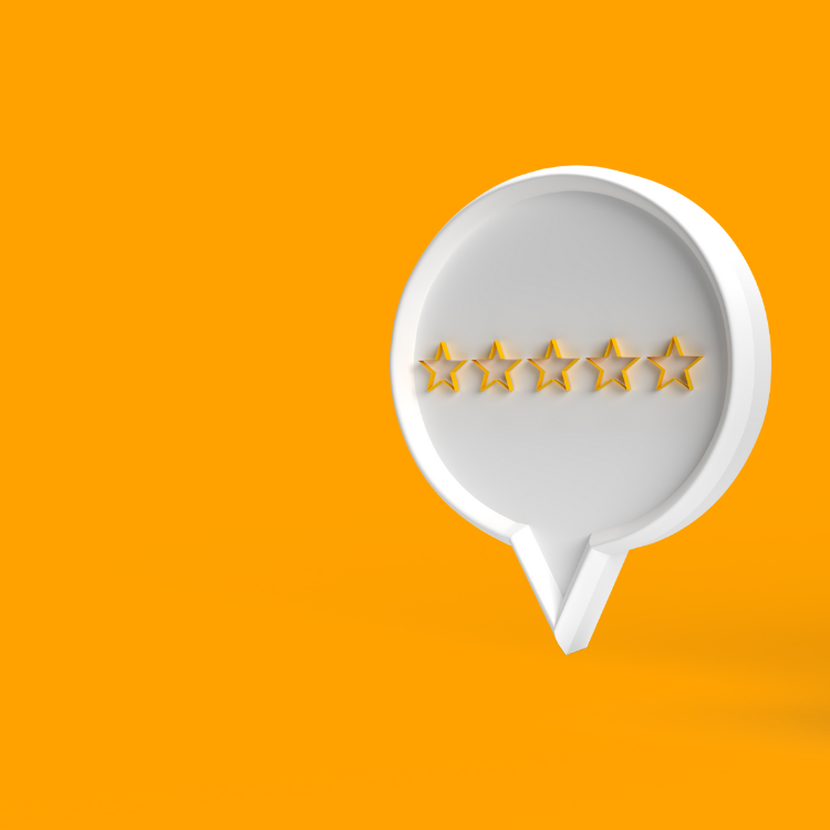 yellow background with word bubble containing five stars