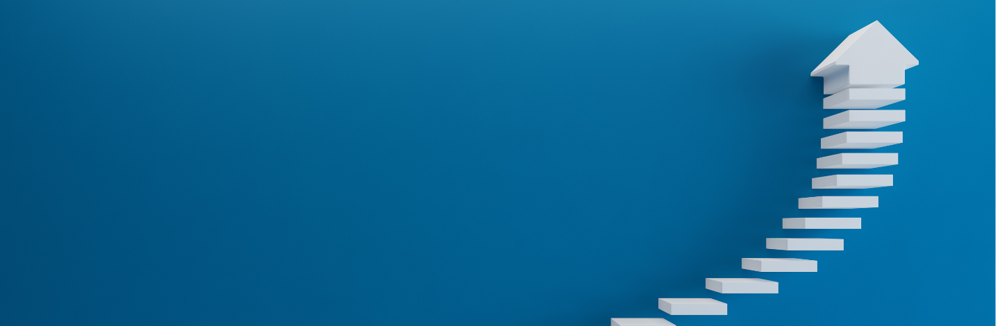 deep blue background, white steps forming an arrow -- clarity brings progress