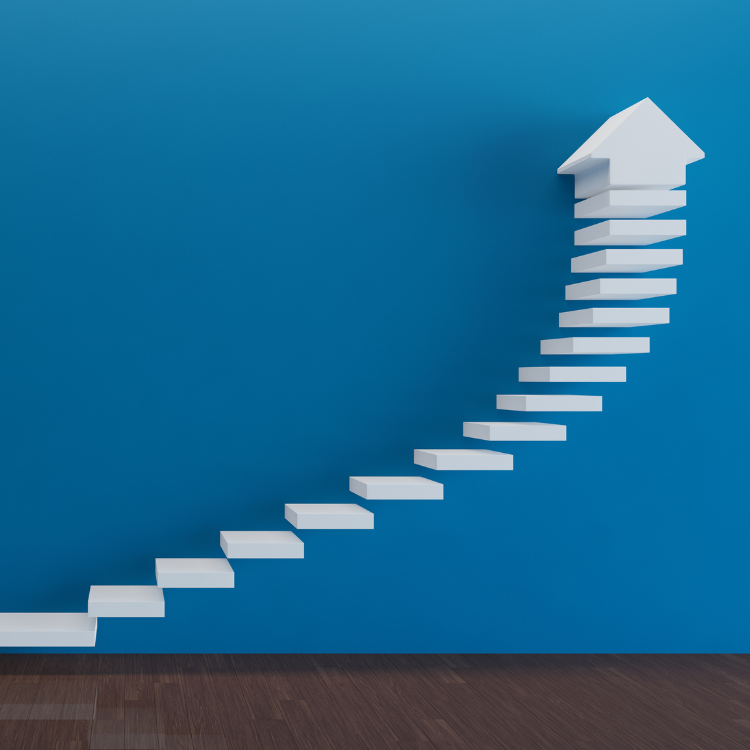 deep blue background, white steps forming an arrow -- clarity brings progress